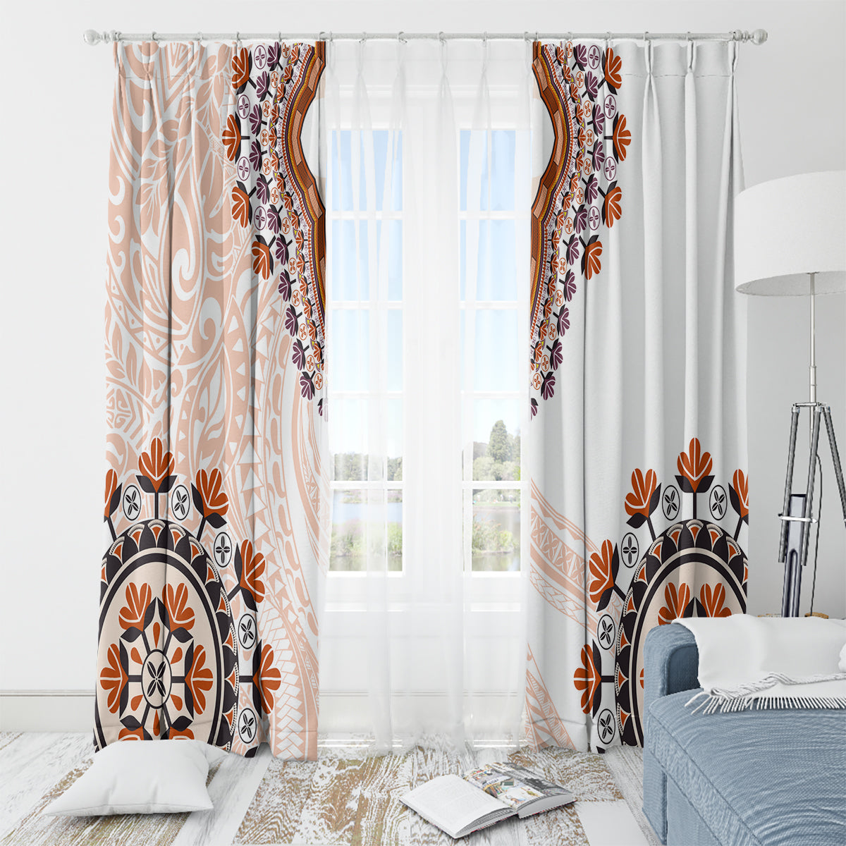 Africa Dashiki Window Curtain With Polynesian Pattern Beige Version LT05 - Polynesian Pride