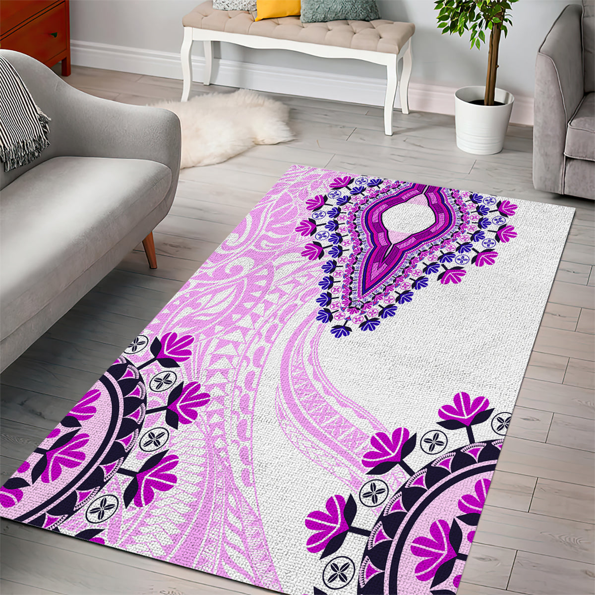 Africa Dashiki Area Rug With Polynesian Pattern Pink Version