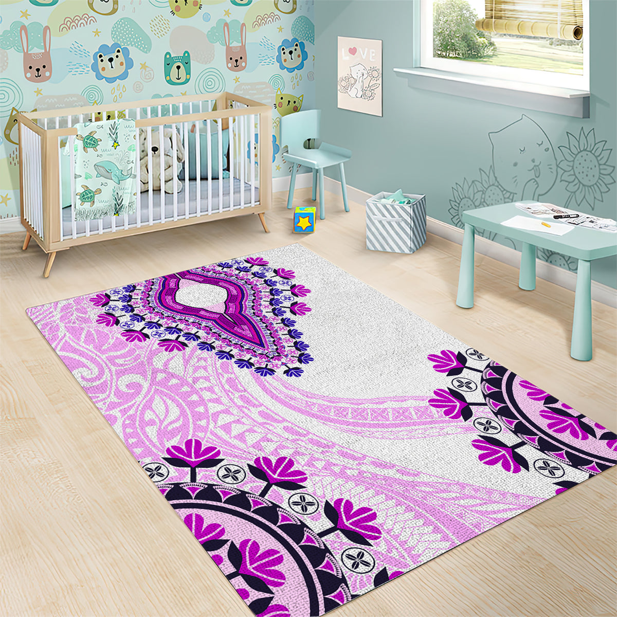 Africa Dashiki Area Rug With Polynesian Pattern Pink Version