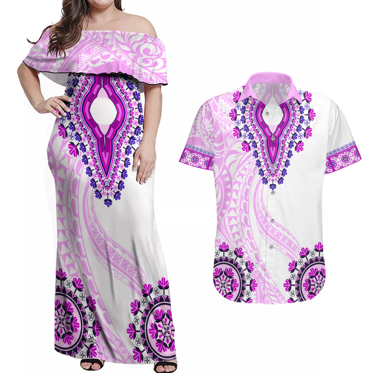 Africa Dashiki Couples Matching Off Shoulder Maxi Dress and Hawaiian Shirt With Polynesian Pattern Pink Version LT05 Pink - Polynesian Pride