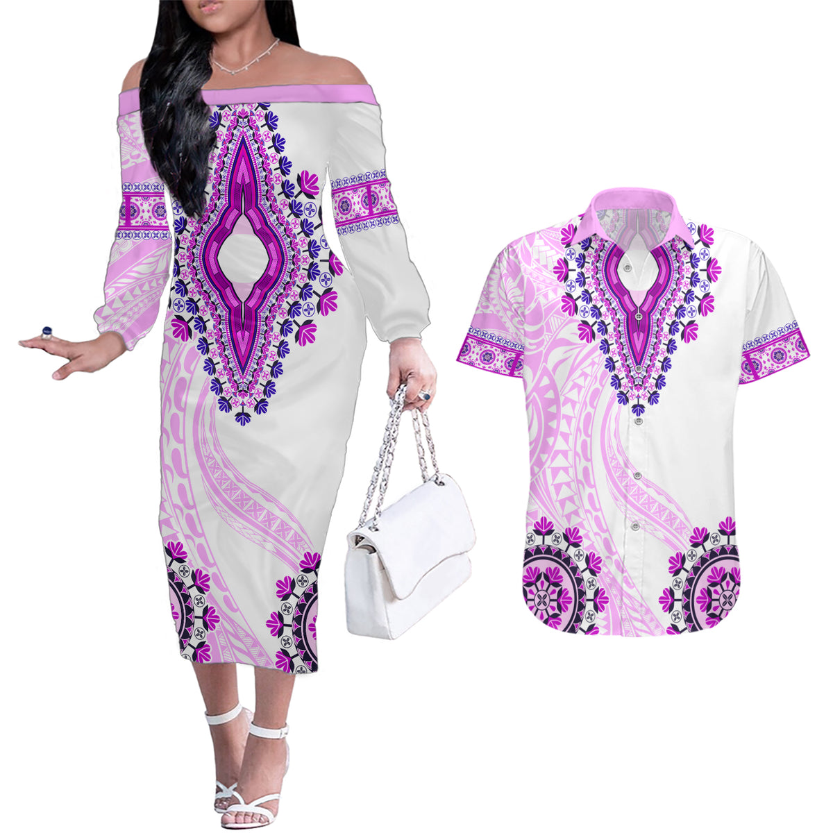Africa Dashiki Couples Matching Off The Shoulder Long Sleeve Dress and Hawaiian Shirt With Polynesian Pattern Pink Version LT05 Pink - Polynesian Pride