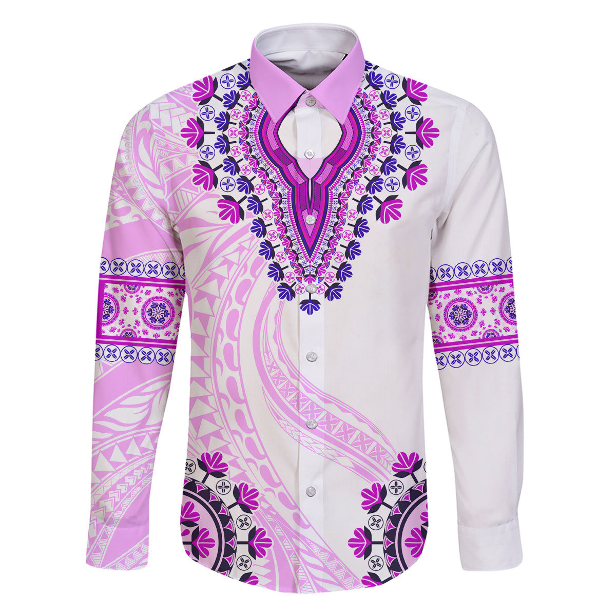 Africa Dashiki Family Matching Long Sleeve Bodycon Dress and Hawaiian Shirt With Polynesian Pattern Pink Version LT05 Dad's Shirt - Long Sleeve Pink - Polynesian Pride