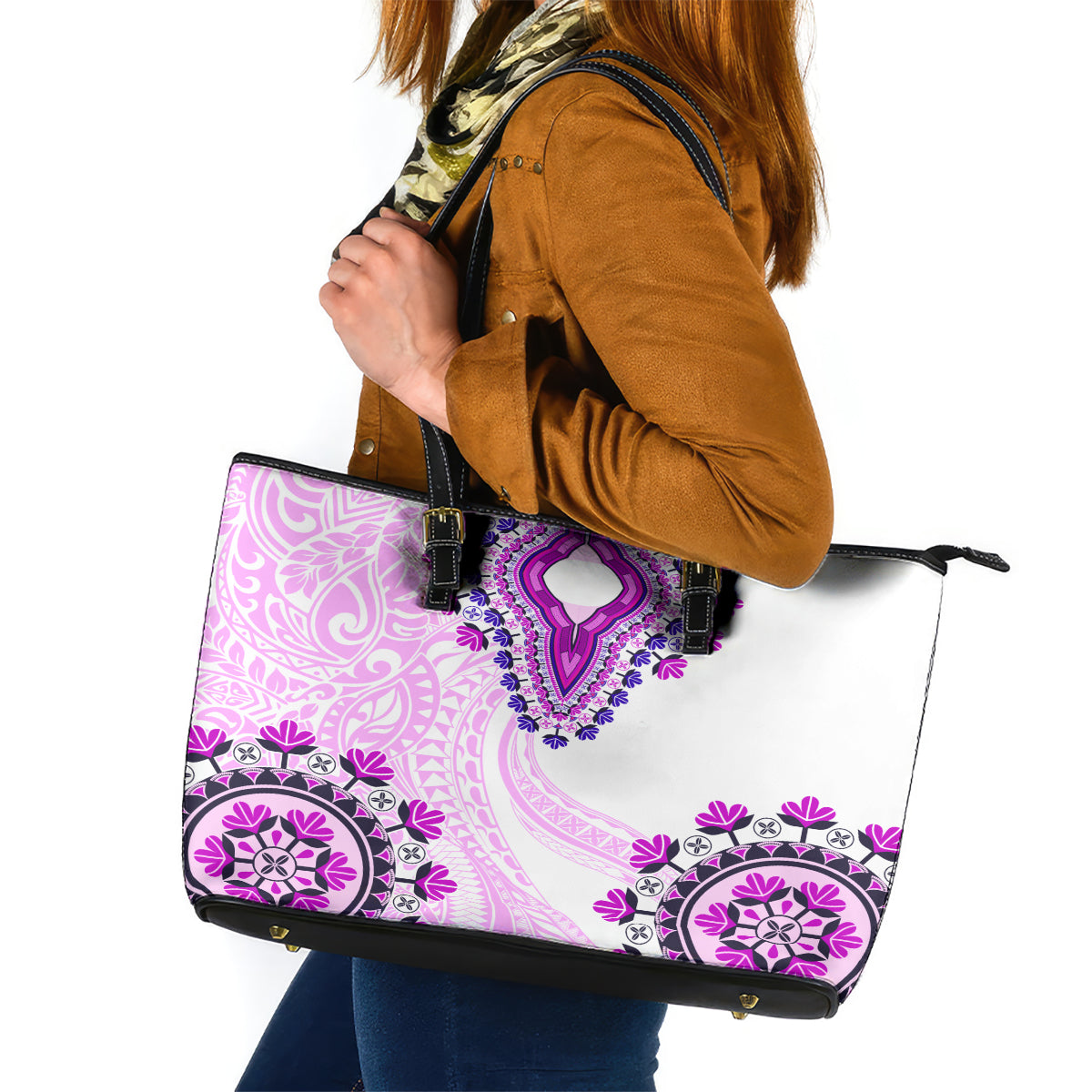 Africa Dashiki Leather Tote Bag With Polynesian Pattern Pink Version LT05 Pink - Polynesian Pride