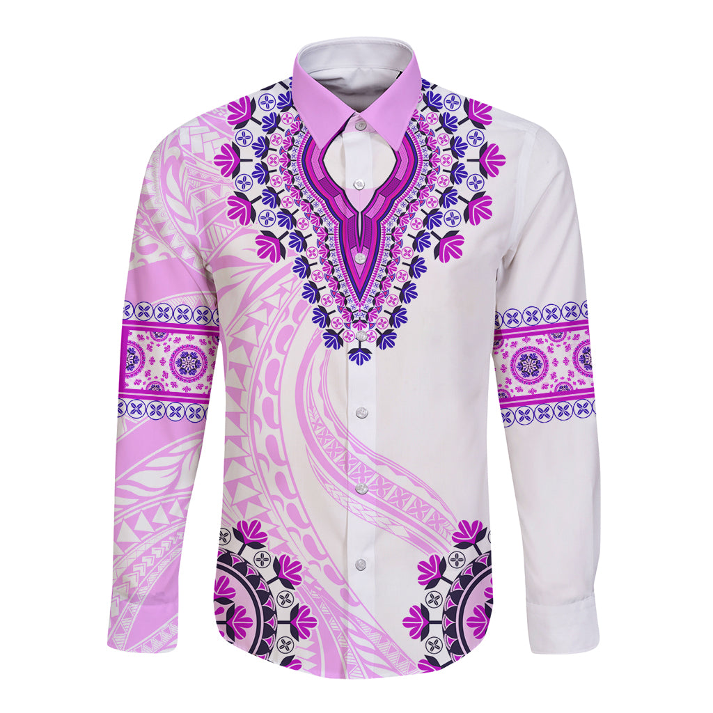 Africa Dashiki Long Sleeve Button Shirt With Polynesian Pattern Pink Version LT05 Unisex Pink - Polynesian Pride