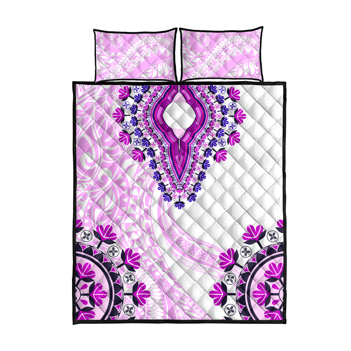 Africa Dashiki Quilt Bed Set With Polynesian Pattern Pink Version