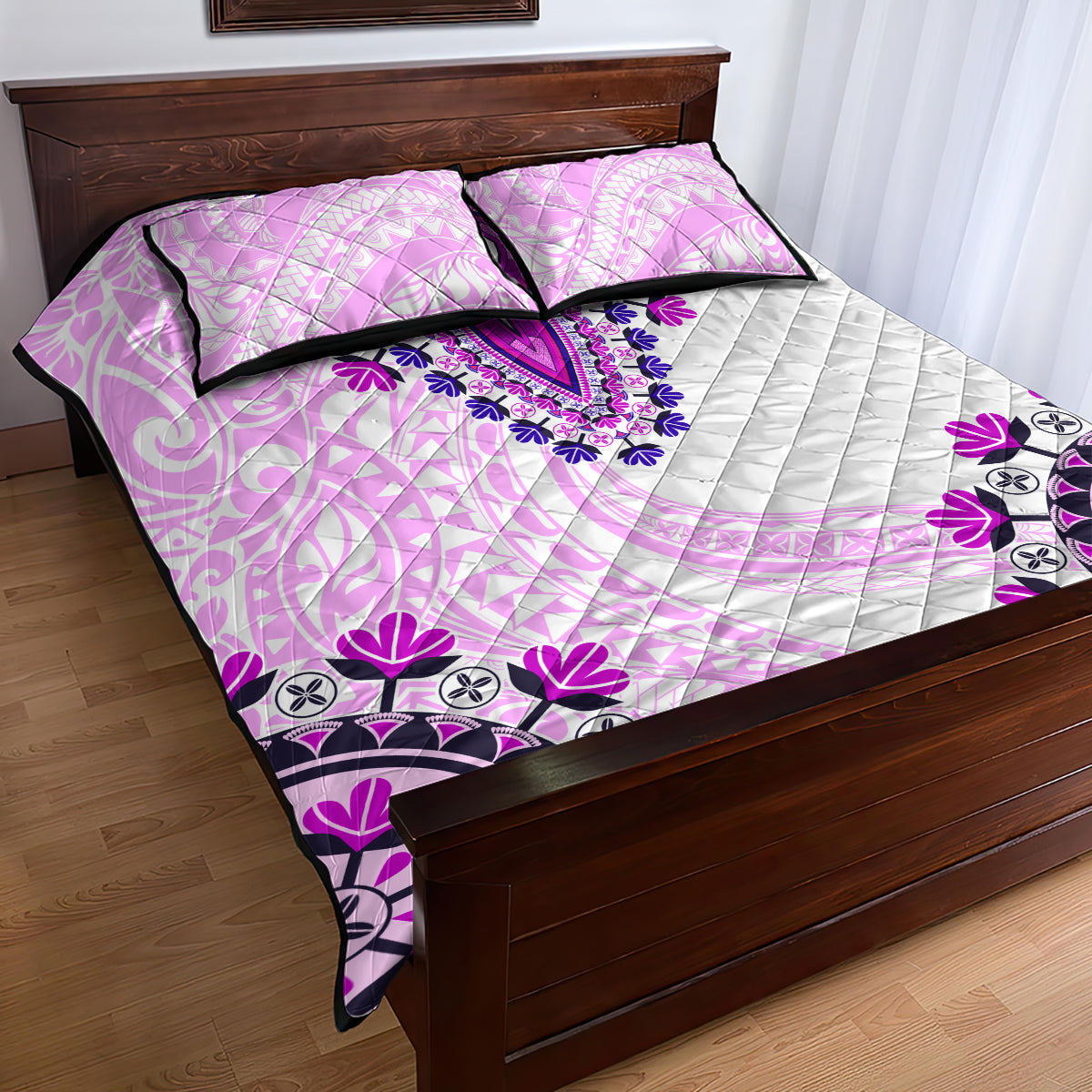 Africa Dashiki Quilt Bed Set With Polynesian Pattern Pink Version