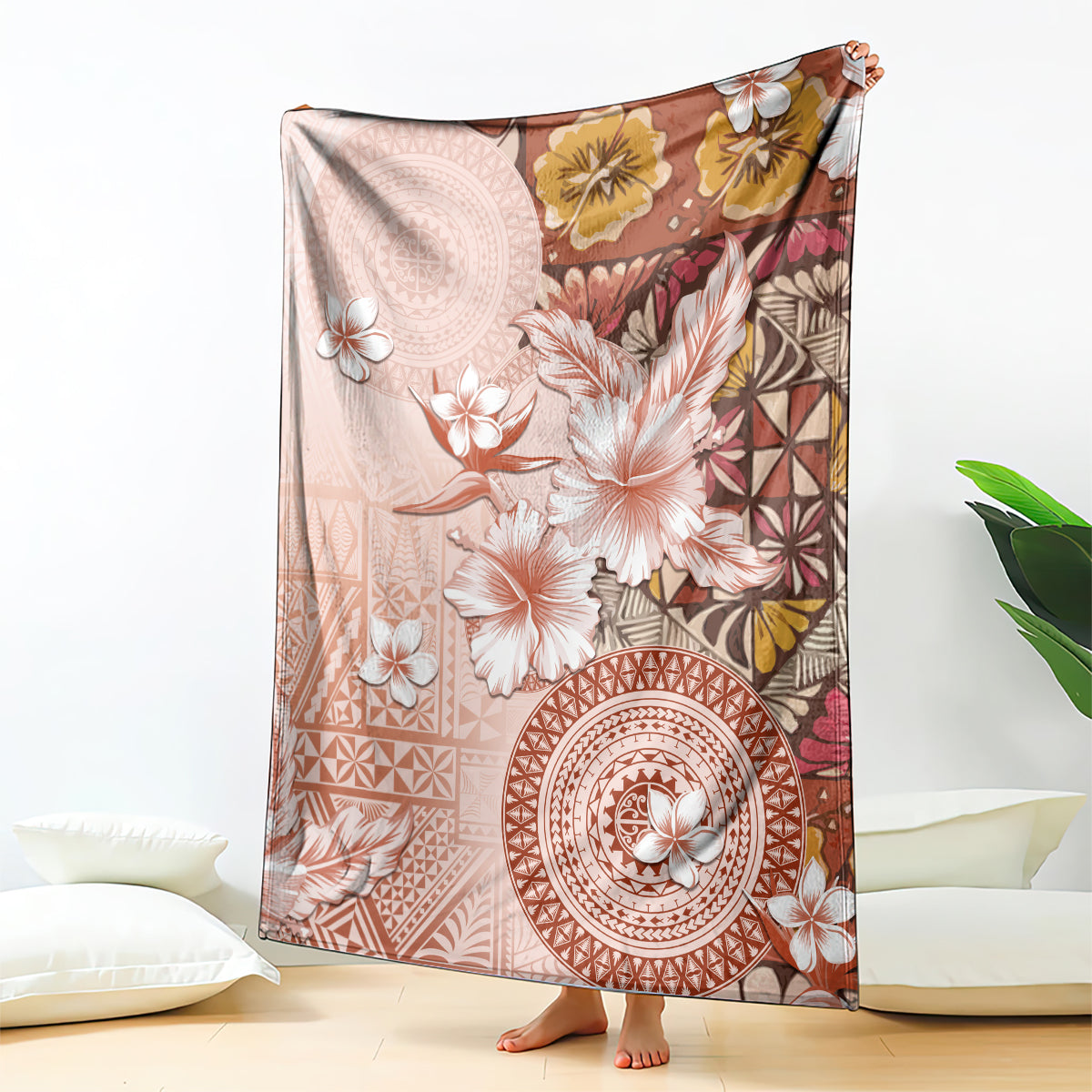 Tonga Ngatu Pattern With Light Tabasco Hibiscus Blanket Oil Painting Style LT05 - Polynesian Pride