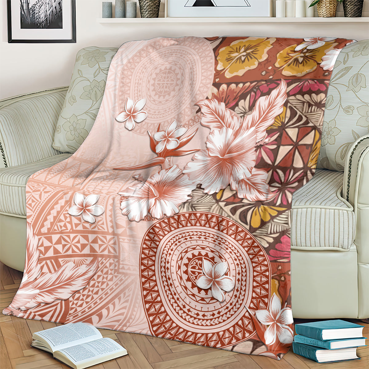 Tonga Ngatu Pattern With Light Tabasco Hibiscus Blanket Oil Painting Style LT05 - Polynesian Pride