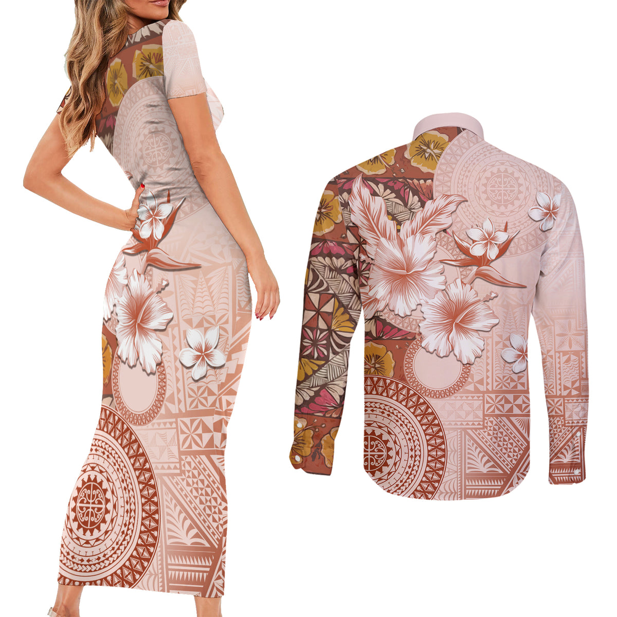 Tonga Ngatu Pattern With Light Tabasco Hibiscus Couples Matching Short Sleeve Bodycon Dress and Long Sleeve Button Shirt Oil Painting Style LT05 - Polynesian Pride