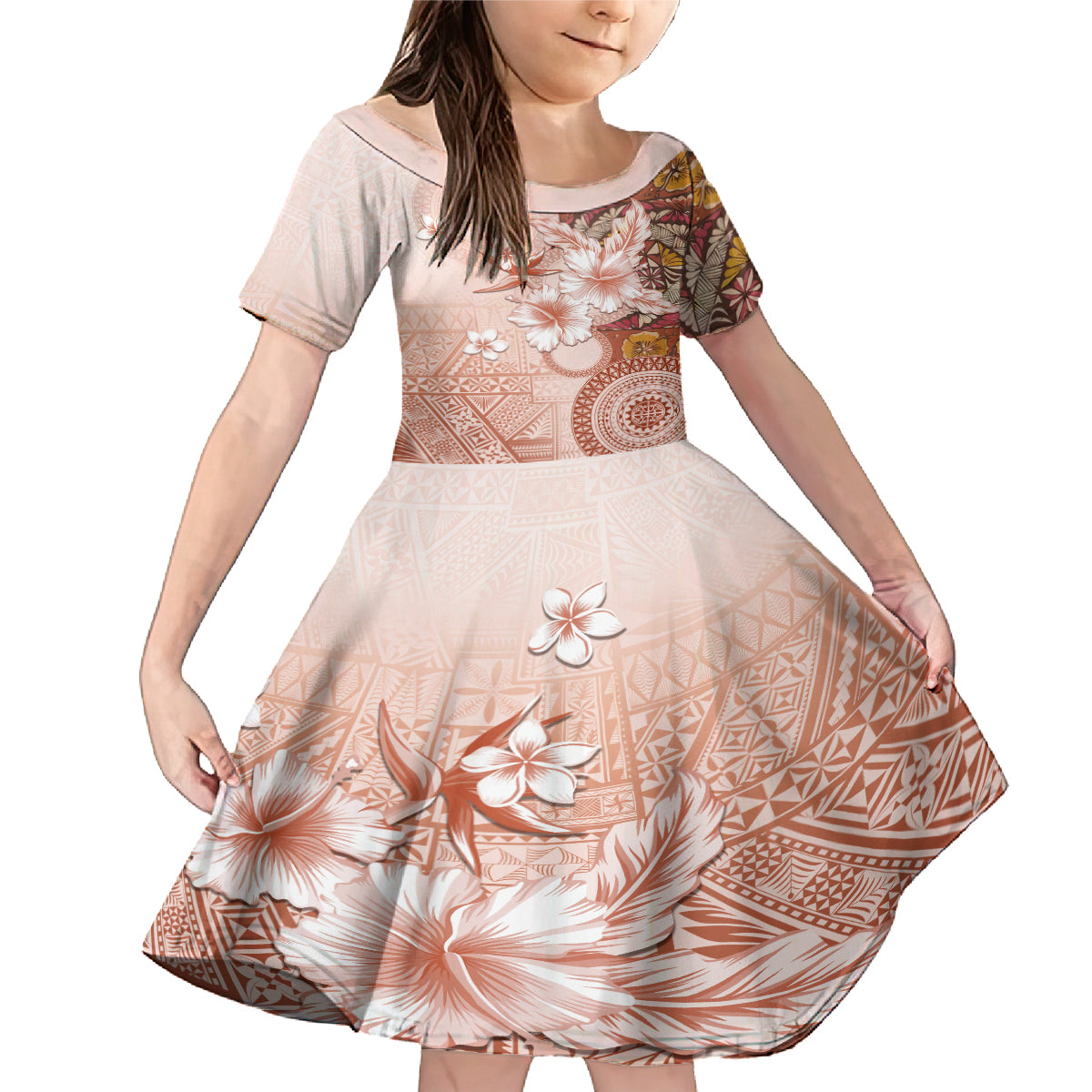 Tonga Ngatu Pattern With Light Tabasco Hibiscus Family Matching Mermaid Dress and Hawaiian Shirt Oil Painting Style LT05 Daughter's Dress Light Tabasco - Polynesian Pride