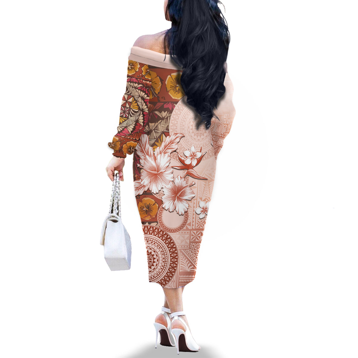 Tonga Ngatu Pattern With Light Tabasco Hibiscus Family Matching Off Shoulder Long Sleeve Dress and Hawaiian Shirt Oil Painting Style LT05 - Polynesian Pride