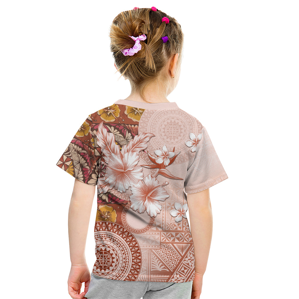 Tonga Ngatu Pattern With Light Tabasco Hibiscus Kid T Shirt Oil Painting Style LT05 - Polynesian Pride