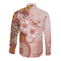 Tonga Ngatu Pattern With Light Tabasco Hibiscus Long Sleeve Button Shirt Oil Painting Style LT05 - Polynesian Pride