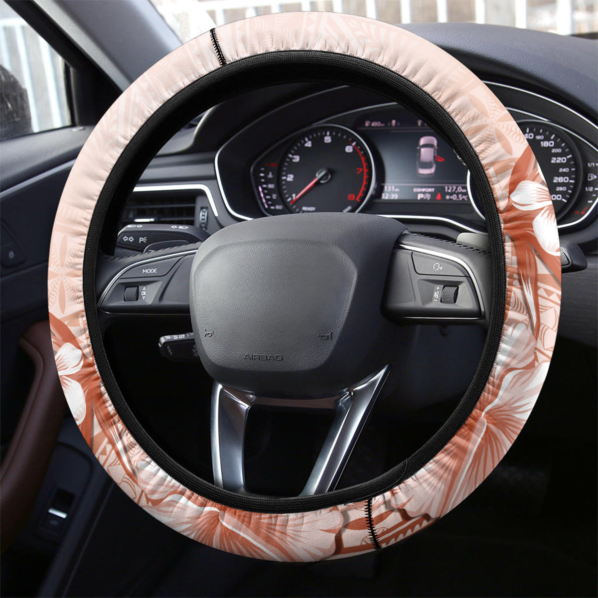 Tonga Ngatu Pattern With Light Tabasco Hibiscus Steering Wheel Cover Oil Painting Style LT05 - Polynesian Pride