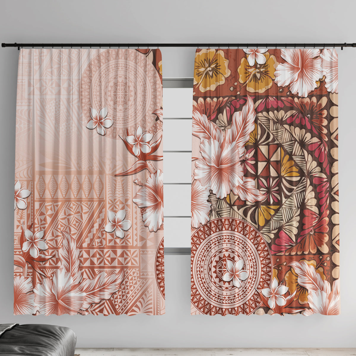 Tonga Ngatu Pattern With Light Tabasco Hibiscus Window Curtain Oil Painting Style LT05 With Hooks Light Tabasco - Polynesian Pride