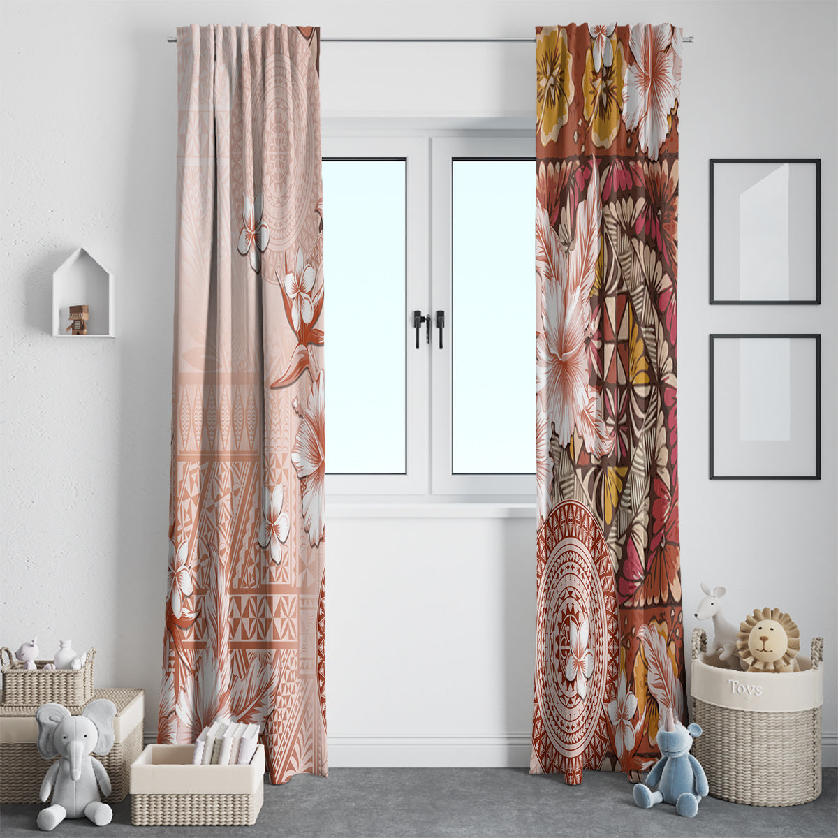Tonga Ngatu Pattern With Light Tabasco Hibiscus Window Curtain Oil Painting Style LT05 - Polynesian Pride