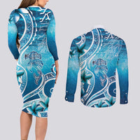 Polynesia World Ocean Day Couples Matching Long Sleeve Bodycon Dress and Long Sleeve Button Shirt Ocean Style