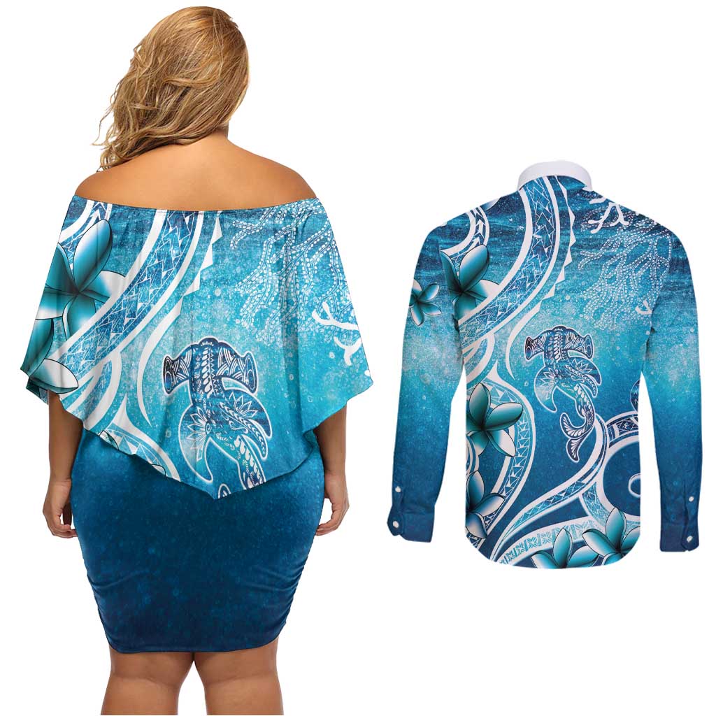 Polynesia World Ocean Day Couples Matching Off Shoulder Short Dress and Long Sleeve Button Shirt Ocean Style