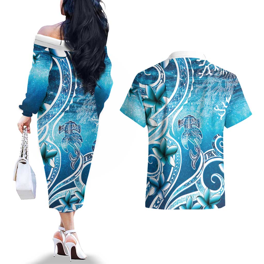 Polynesia World Ocean Day Couples Matching Off The Shoulder Long Sleeve Dress and Hawaiian Shirt Ocean Style