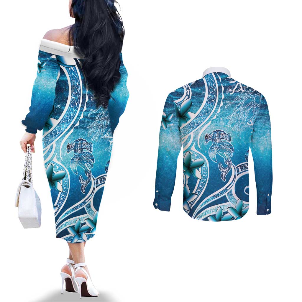 Polynesia World Ocean Day Couples Matching Off The Shoulder Long Sleeve Dress and Long Sleeve Button Shirt Ocean Style