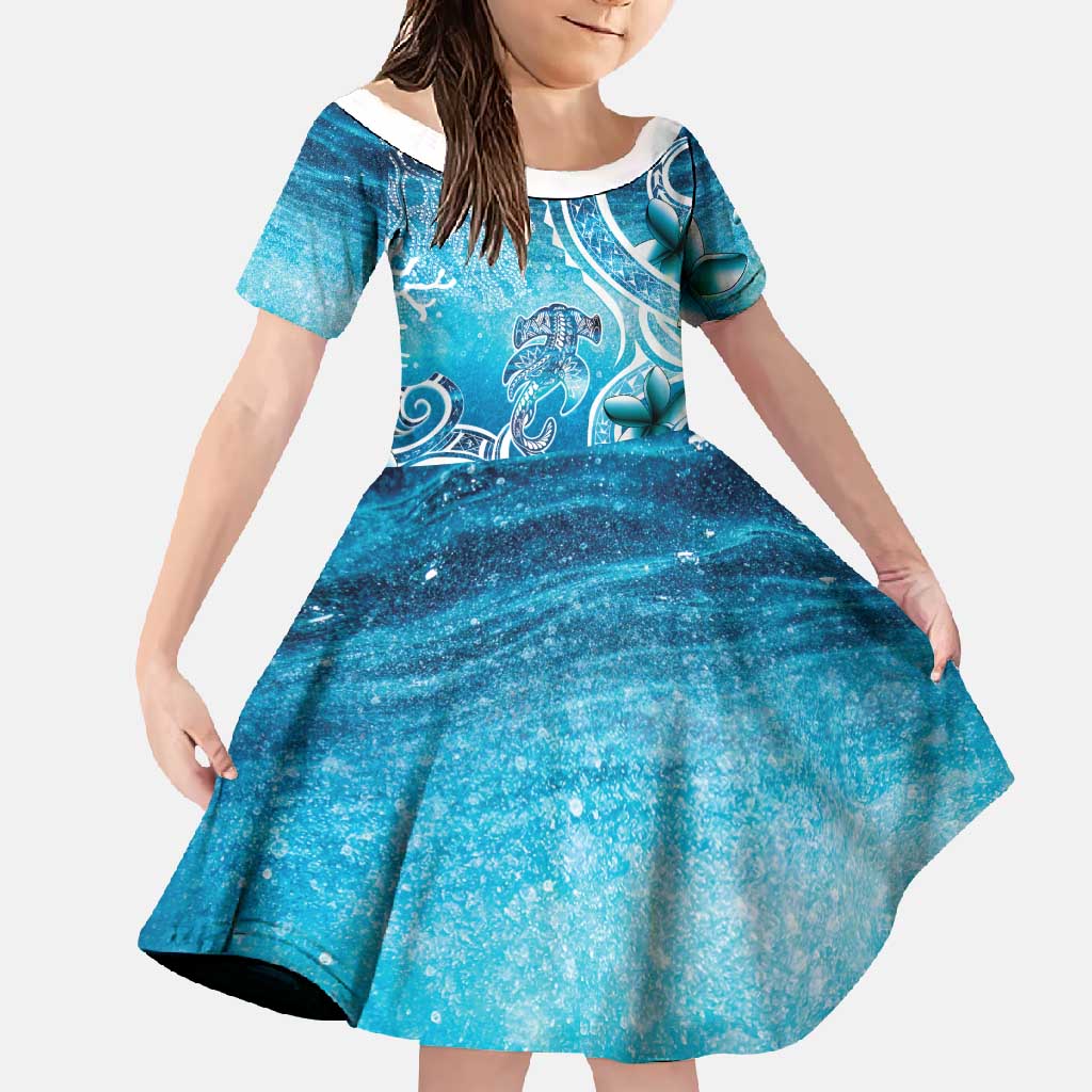 Polynesia World Ocean Day Family Matching Long Sleeve Bodycon Dress and Hawaiian Shirt Ocean Style LT05 Daughter's Dress Blue - Polynesian Pride