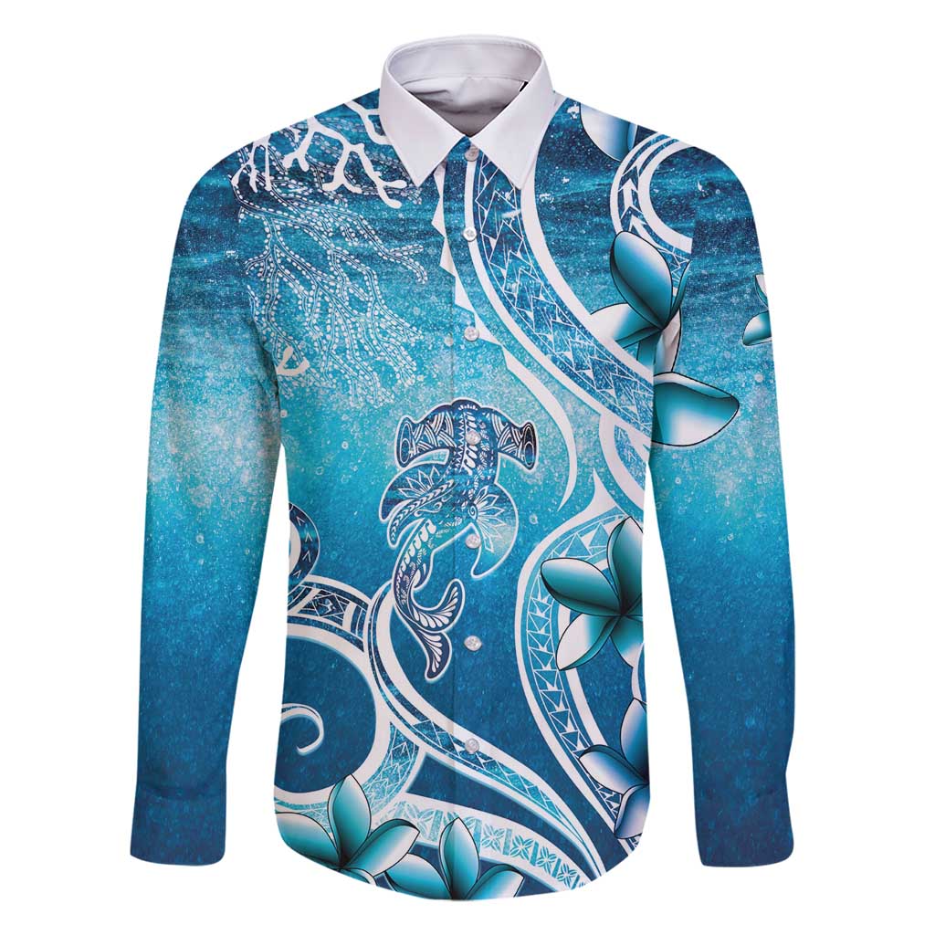 Polynesia World Ocean Day Family Matching Off Shoulder Short Dress and Hawaiian Shirt Ocean Style LT05 Dad's Shirt - Long Sleeve Blue - Polynesian Pride