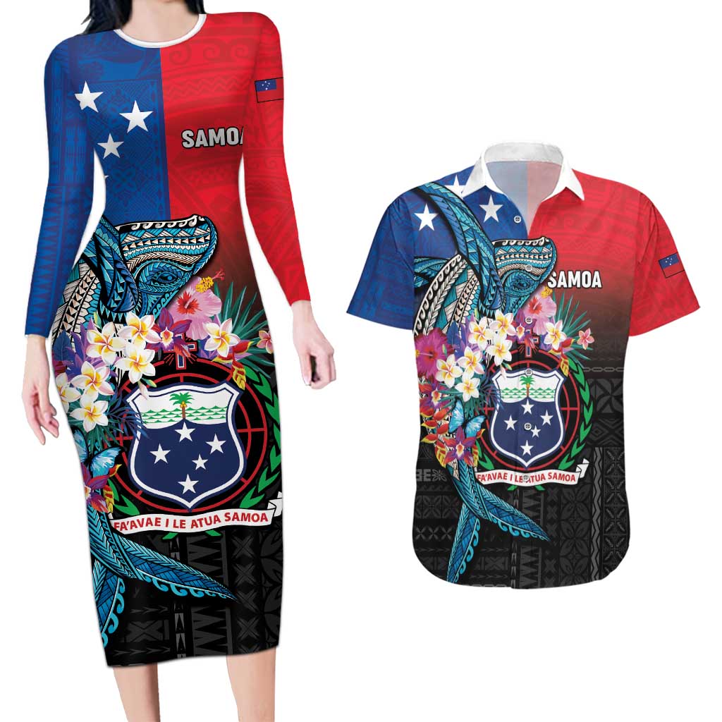 Samoa Couples Matching Long Sleeve Bodycon Dress and Hawaiian Shirt Humpback Whale Siapo Pattern