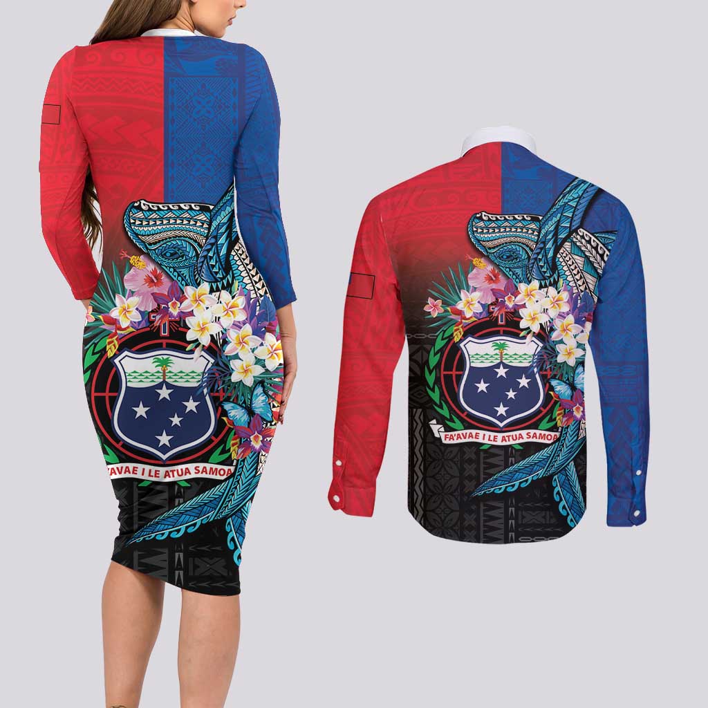 Samoa Couples Matching Long Sleeve Bodycon Dress and Long Sleeve Button Shirt Humpback Whale Siapo Pattern