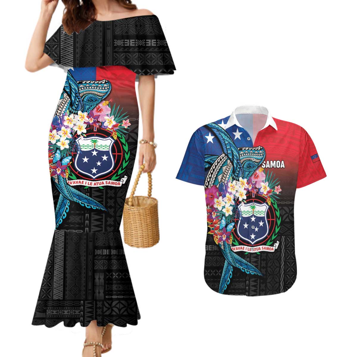 Samoa Couples Matching Mermaid Dress and Hawaiian Shirt Humpback Whale Siapo Pattern