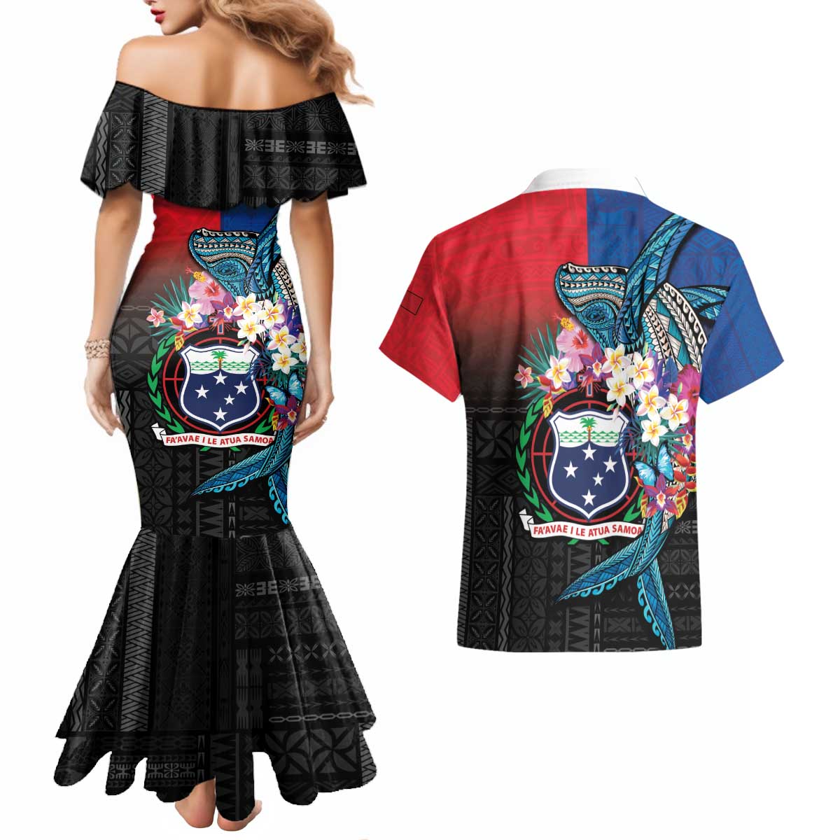 Samoa Couples Matching Mermaid Dress and Hawaiian Shirt Humpback Whale Siapo Pattern