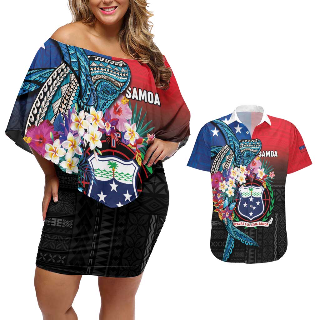 Samoa Couples Matching Off Shoulder Short Dress and Hawaiian Shirt Humpback Whale Siapo Pattern