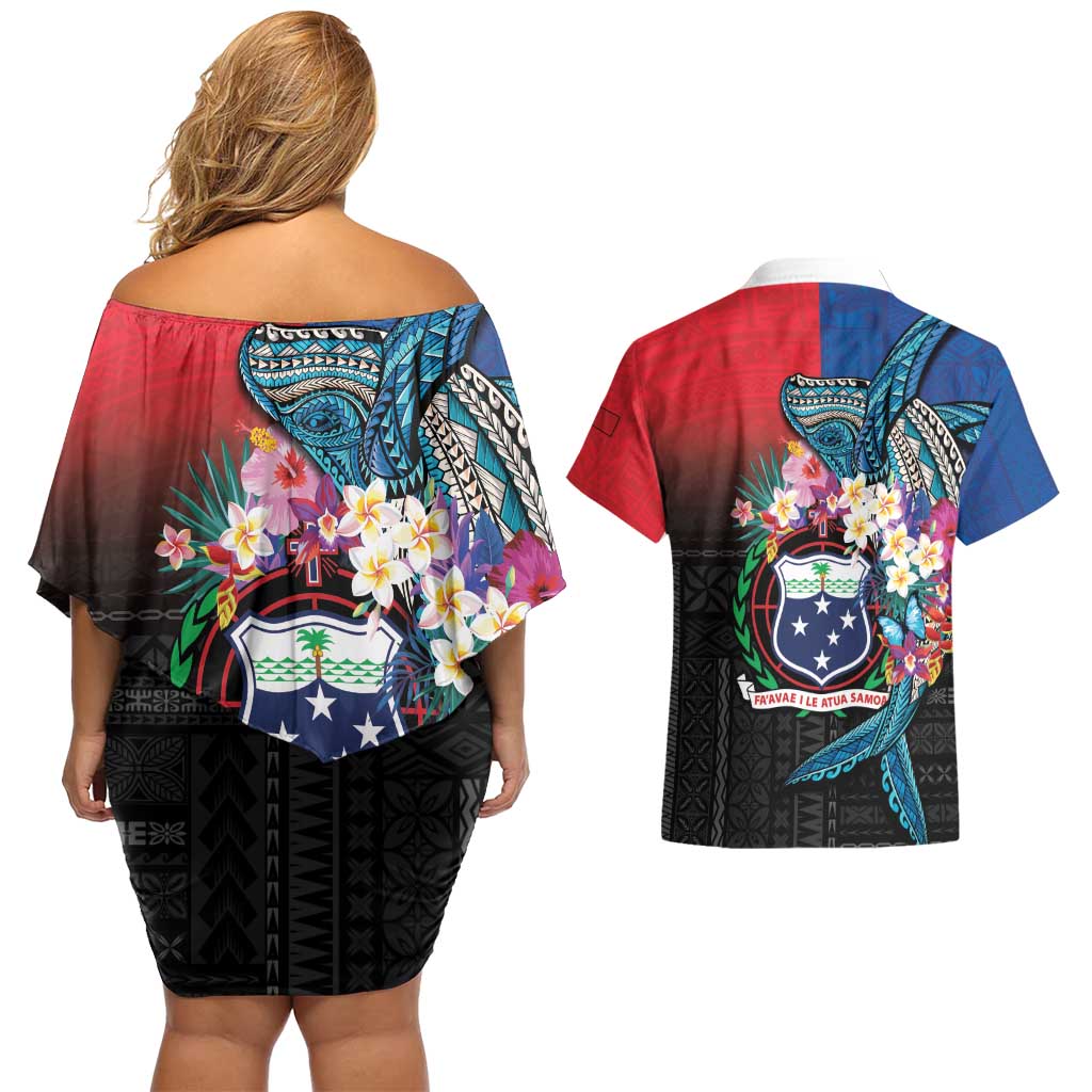 Samoa Couples Matching Off Shoulder Short Dress and Hawaiian Shirt Humpback Whale Siapo Pattern