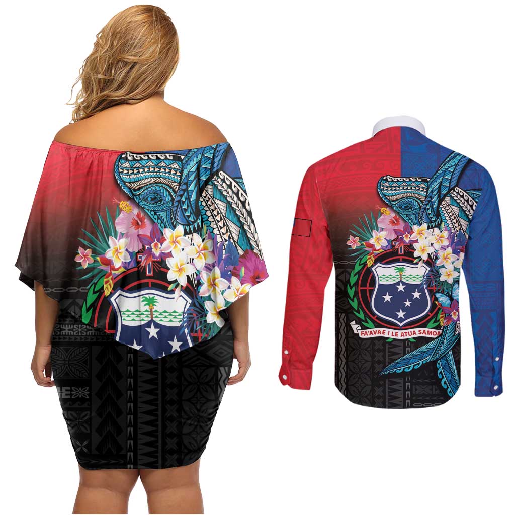 Samoa Couples Matching Off Shoulder Short Dress and Long Sleeve Button Shirt Humpback Whale Siapo Pattern