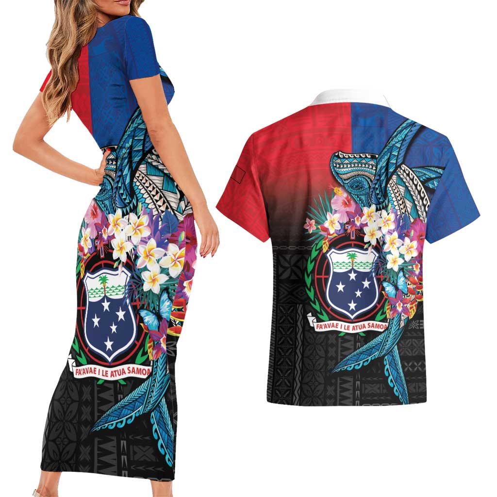 Samoa Couples Matching Short Sleeve Bodycon Dress and Hawaiian Shirt Humpback Whale Siapo Pattern