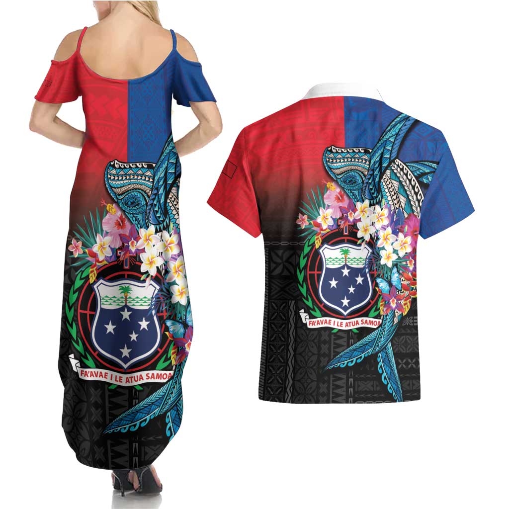Samoa Couples Matching Summer Maxi Dress and Hawaiian Shirt Humpback Whale Siapo Pattern