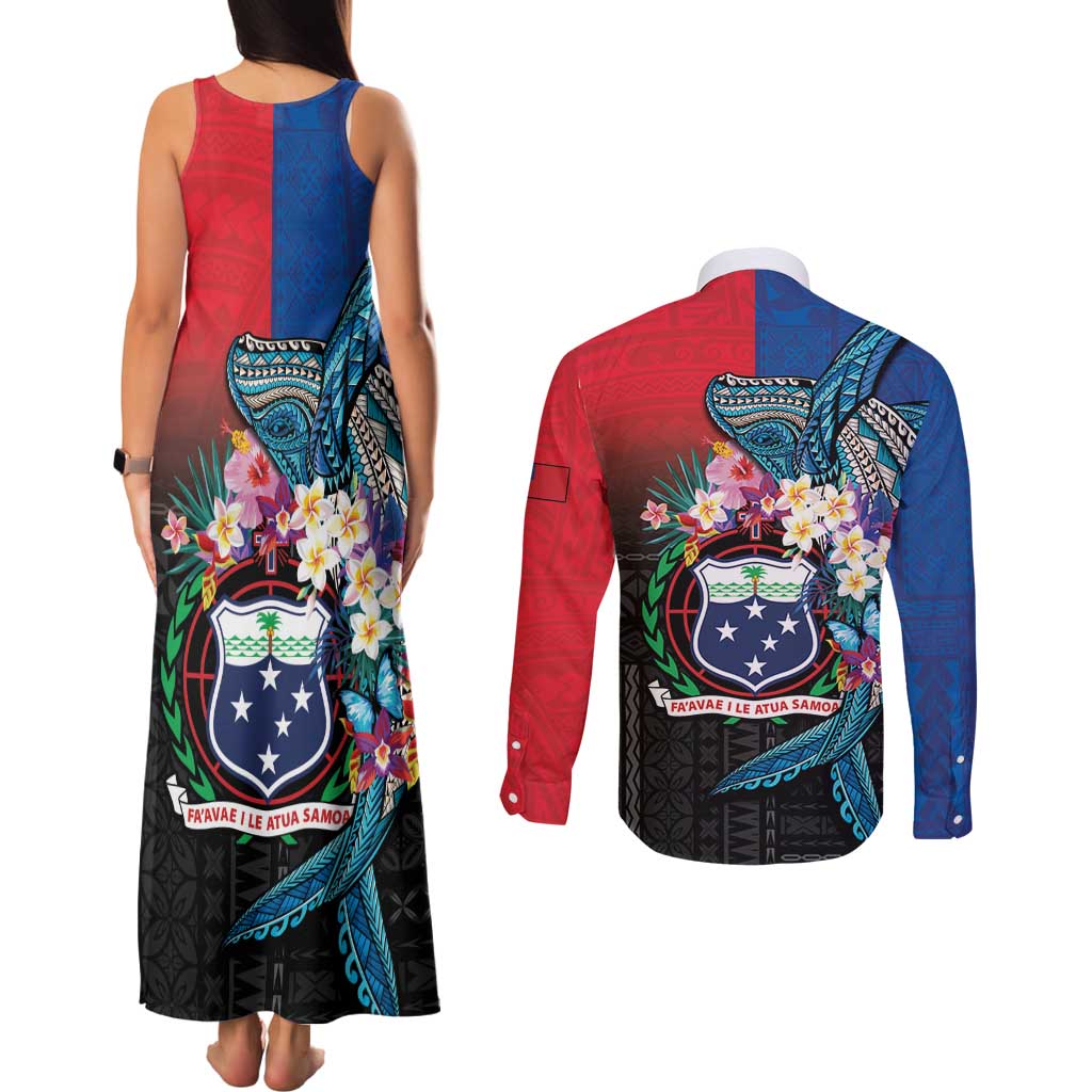 Samoa Couples Matching Tank Maxi Dress and Long Sleeve Button Shirt Humpback Whale Siapo Pattern