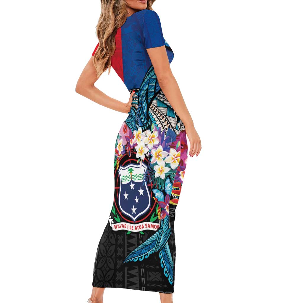 Samoa Family Matching Short Sleeve Bodycon Dress and Hawaiian Shirt Humpback Whale Siapo Pattern