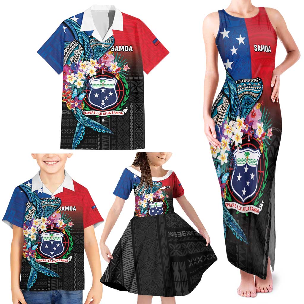 Samoa Family Matching Tank Maxi Dress and Hawaiian Shirt Humpback Whale Siapo Pattern