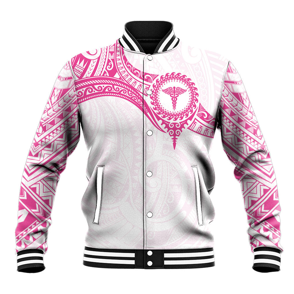 Personalised New Zealand Aotearoa Baseball Jacket Nurse Tribal Pink Version