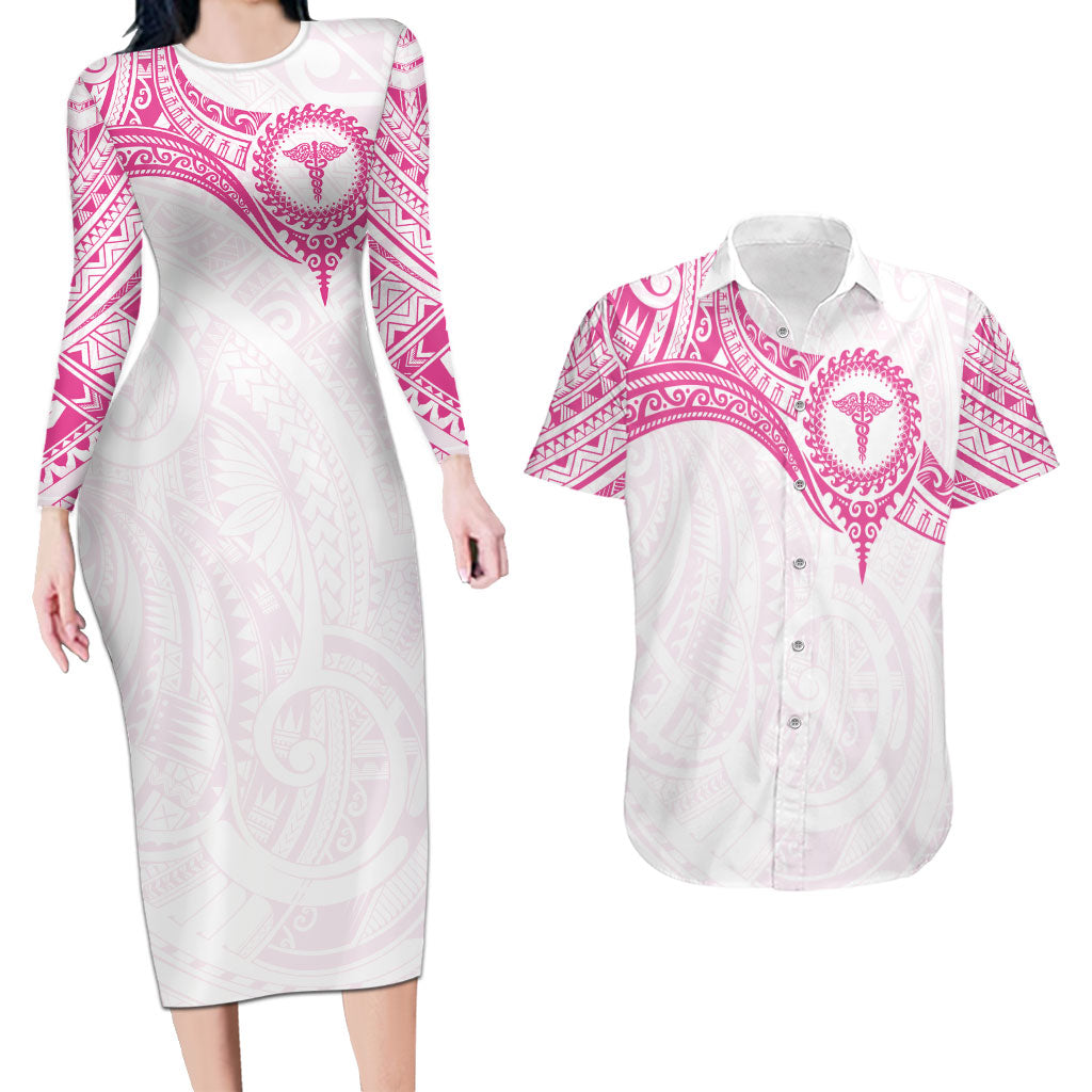 Personalised New Zealand Aotearoa Couples Matching Long Sleeve Bodycon Dress and Hawaiian Shirt Nurse Tribal Pink Version LT05 Pink - Polynesian Pride