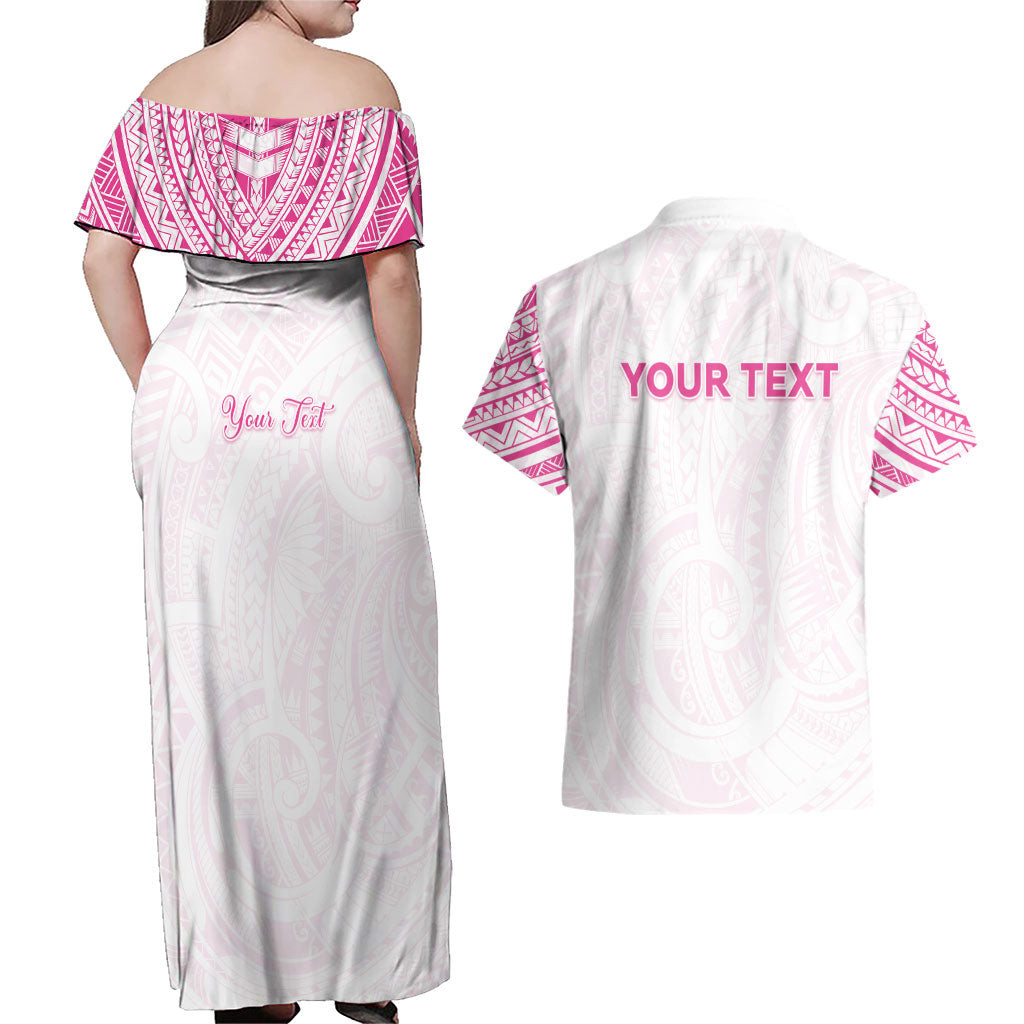 Personalised New Zealand Aotearoa Couples Matching Off Shoulder Maxi Dress and Hawaiian Shirt Nurse Tribal Pink Version
