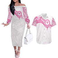 Personalised New Zealand Aotearoa Couples Matching Off The Shoulder Long Sleeve Dress and Hawaiian Shirt Nurse Tribal Pink Version LT05 Pink - Polynesian Pride