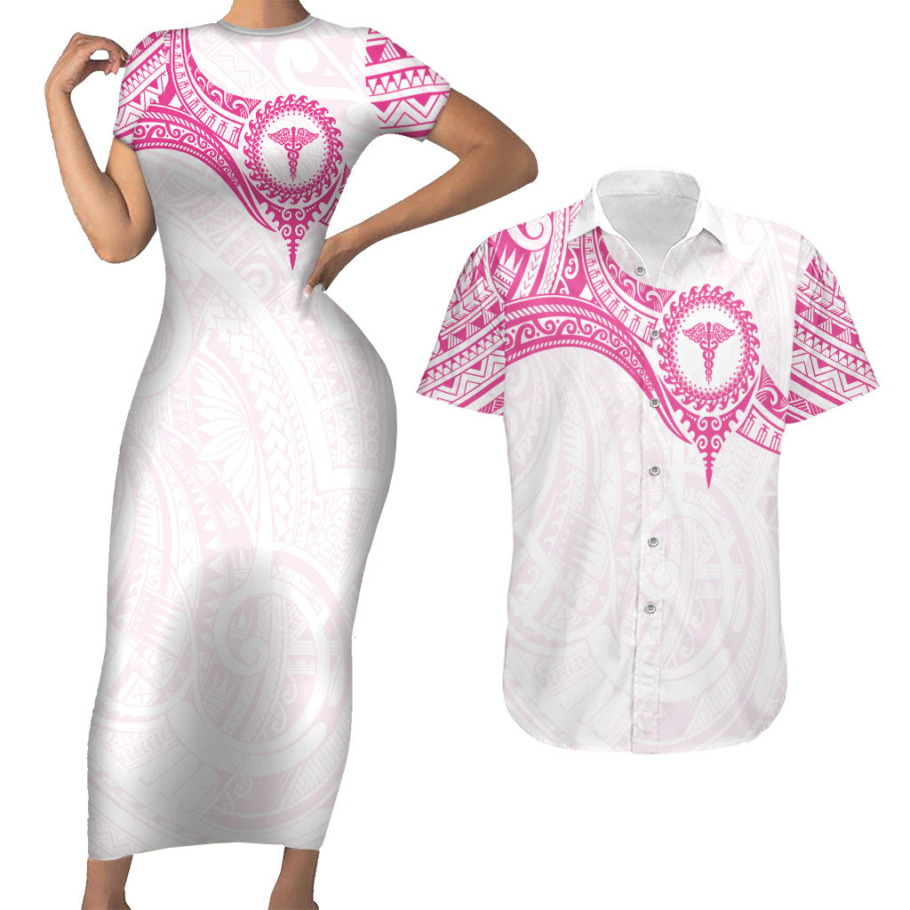 Personalised New Zealand Aotearoa Couples Matching Short Sleeve Bodycon Dress and Hawaiian Shirt Nurse Tribal Pink Version LT05 Pink - Polynesian Pride