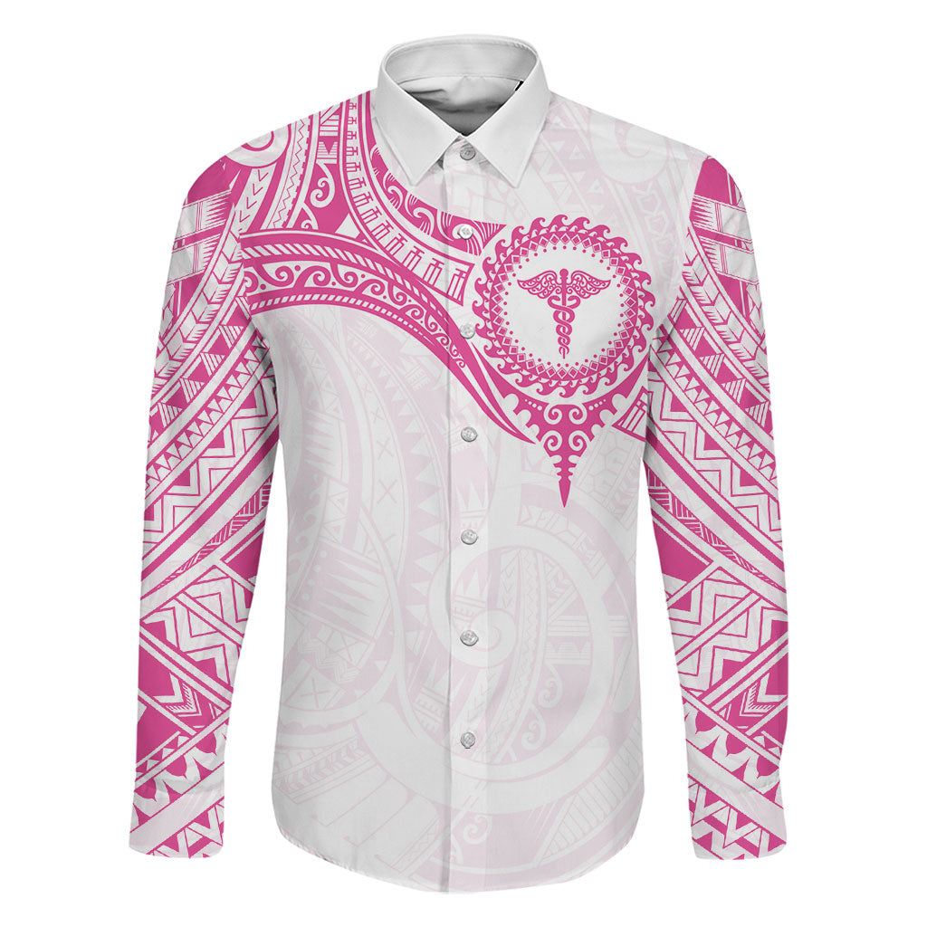 Personalised New Zealand Aotearoa Family Matching Off The Shoulder Long Sleeve Dress and Hawaiian Shirt Nurse Tribal Pink Version LT05 Dad's Shirt - Long Sleeve Pink - Polynesian Pride