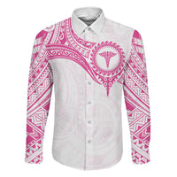 Personalised New Zealand Aotearoa Family Matching Off Shoulder Short Dress and Hawaiian Shirt Nurse Tribal Pink Version LT05 Dad's Shirt - Long Sleeve Pink - Polynesian Pride