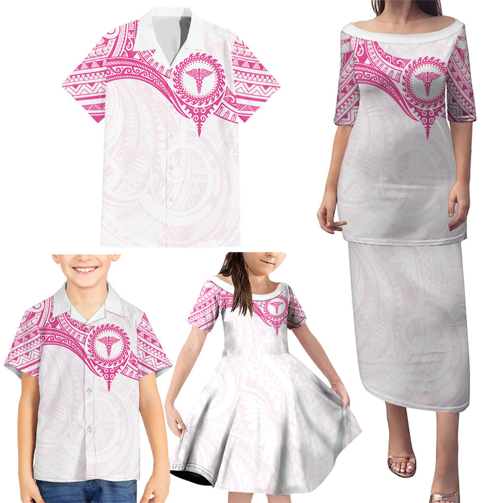 Personalised New Zealand Aotearoa Family Matching Puletasi and Hawaiian Shirt Nurse Tribal Pink Version LT05 - Polynesian Pride