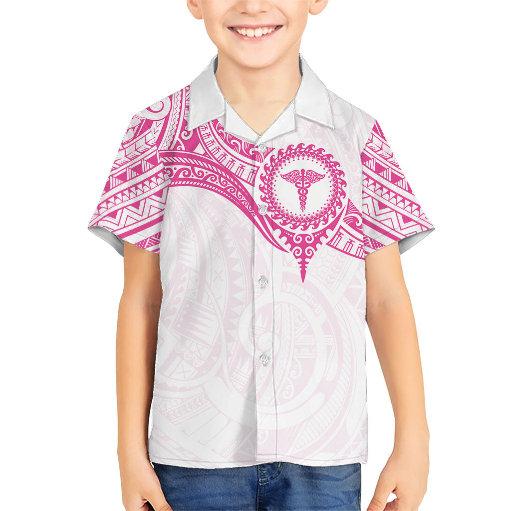 Personalised New Zealand Aotearoa Family Matching Puletasi and Hawaiian Shirt Nurse Tribal Pink Version LT05 Son's Shirt Pink - Polynesian Pride