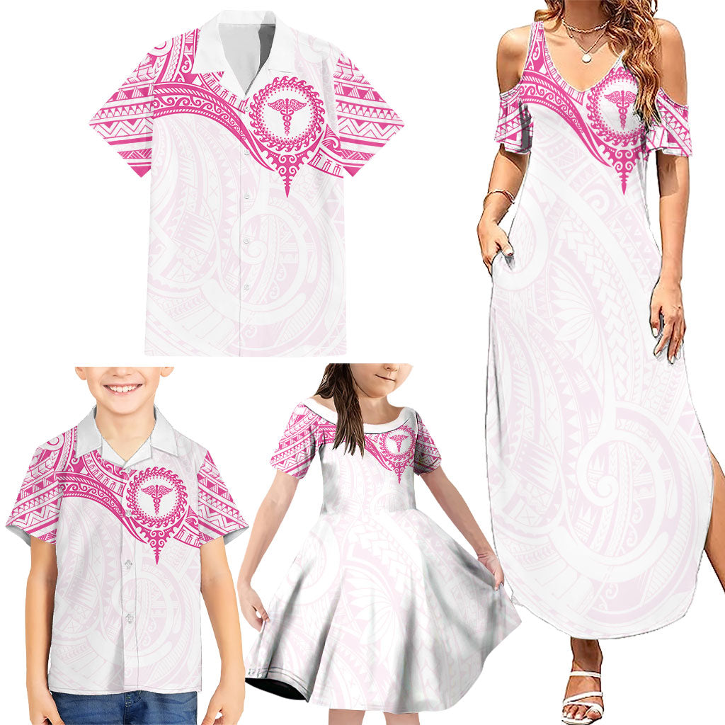 Personalised New Zealand Aotearoa Family Matching Summer Maxi Dress and Hawaiian Shirt Nurse Tribal Pink Version LT05 - Polynesian Pride