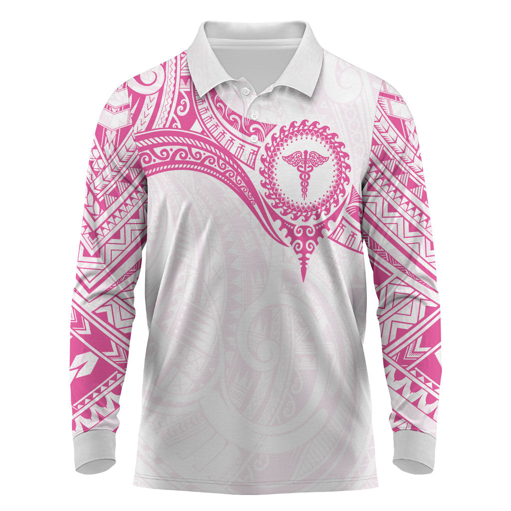 Personalised New Zealand Aotearoa Long Sleeve Polo Shirt Nurse Tribal Pink Version LT05 Pink - Polynesian Pride