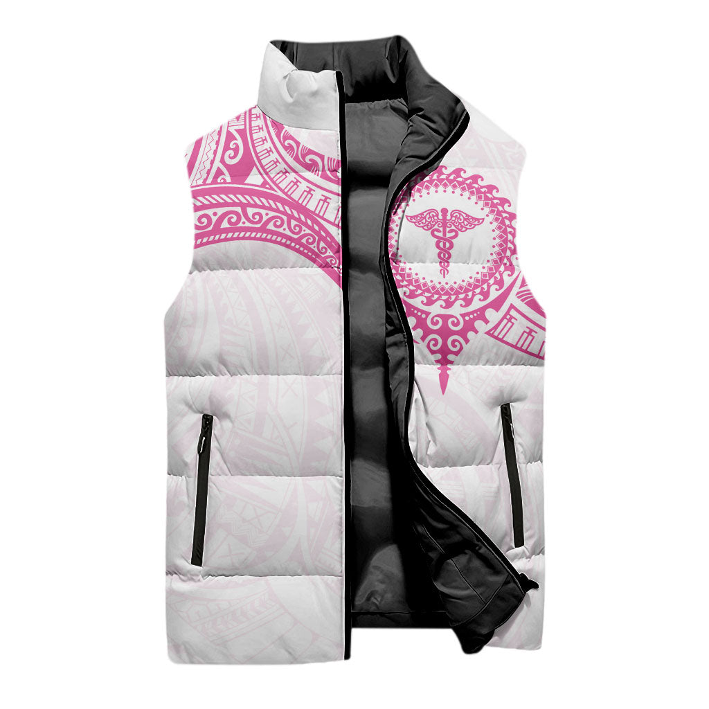 Personalised New Zealand Aotearoa Sleeveless Puffer Jacket Nurse Tribal Pink Version
